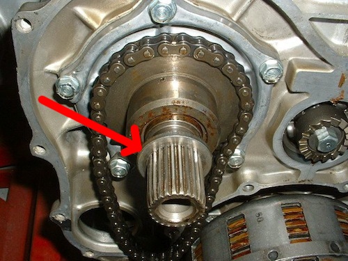 After the drive sprocket is serviced, don't forget to replace the special splined thrust waster in the position shown above.